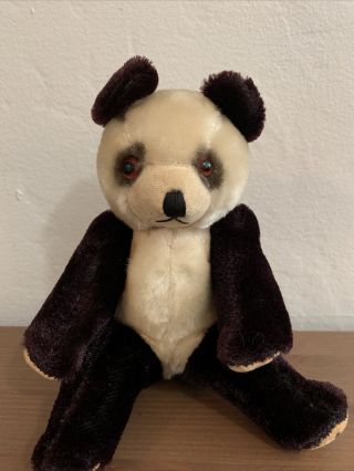 7.  5”vintage Jointed Panda Teddy Bear Stuffed Animal W Glass Eyes & Floss Nose
