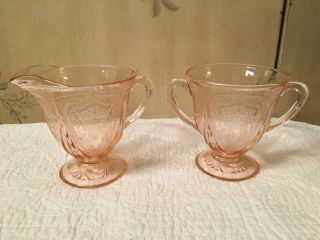Vintage Pink Depression Glass Pedestal 2 Handle Sugar Bowl And Creamer