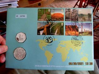 Fdc: Pnc Stamp Coin/ Cover World Heritage Sites,  50p & Australia 50 Cents