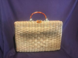 Vintage Simon Wicker Rattan Straw Handbag Purse Orange Lucite Handle J6
