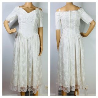 Vtg 80s Gunne Sax Dress Floral Lace Off Shoulder Drop Waist Midi Lawn Wedding