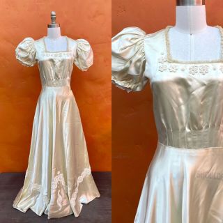 Vintage 1930s 1940s Satin Wedding Dress Gown Train Bridal Pinup Xs