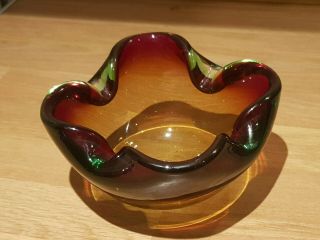 Vintage Murano Glass Bowl Dish Ash Tray Green Amber Ruby