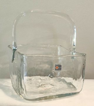 Vintage Blenko Clear Handblown Glass Basket With Applied Handle