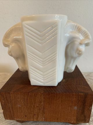 Art Deco Macbeth Evans Trojan Horse Double Head Cup Vase Chevron Milk Glass 3