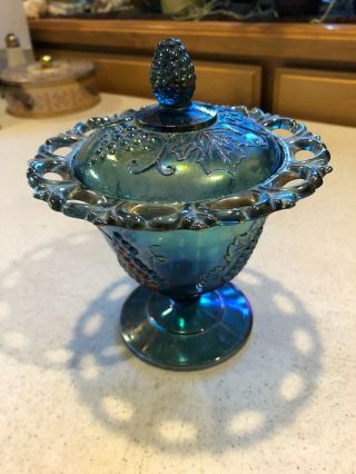 Vintage Indiana Glass Colony Harvest Grape Blue Lace Compote W/ Lid