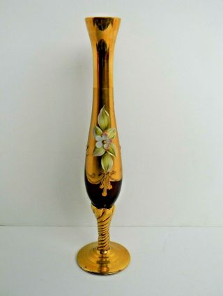 Vintage Italy Ruby Glass Bud Vase Hand Painted With Gold Trim 9” Tall