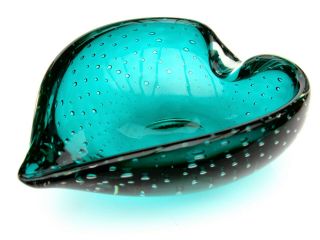 Vintage Old Murano Art Glass Aquamarine Green Love Heart Bubble Bowl