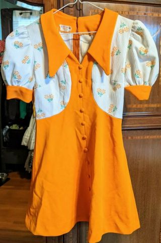 Vintage 1970s Orange Floral Dagger Collar Micro Mini Dress Puff Sleeve Sz Small