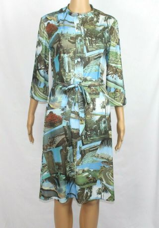 Vtg 70s Womens S/m Tropical Photograph All Over Print Casual Polyester Dress