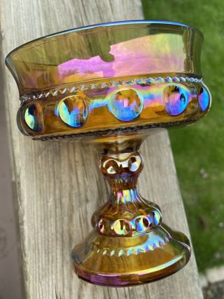 Vintage Carnival Glass King’s Crown Iridescent Marigold Compote Candy Dish