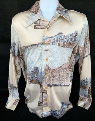Authentic Vintage Disco 70s Men’s Shirt Large Damon Brown Pointillism Sw Adobe