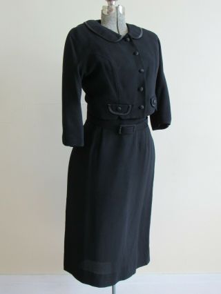 Vtg 40s 50s Best & Co Fancy Black 2 Pc Suit Cropped Jacket & Dress Hollywood Vlv