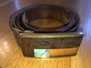 Vintage Kenneth Reid Belt Buckle Wood Turquiose Inlay 3 " X 2 " & Leather Belt
