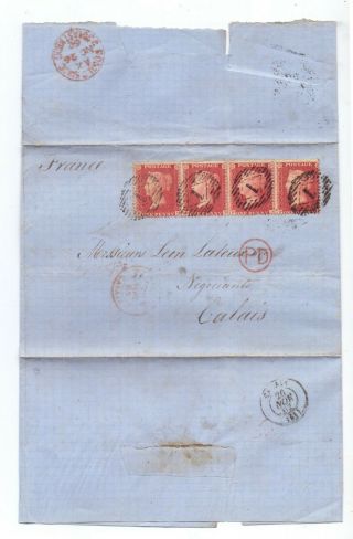 1862 Entire Letter To France - Strip Of 4 X 1d Red Stars