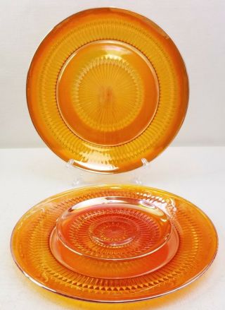 Jeanette Anniversary Marigold Carnival Glass Dinner Plates Saucer Set Of 3