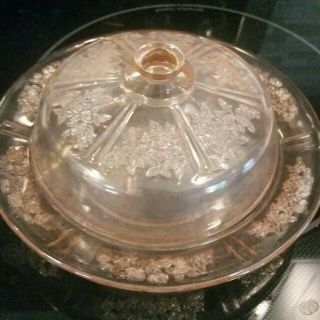 Vintage Federal Glass Pink Depression Round Butter Dish Lid No Chips Floral