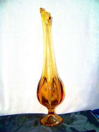 Glass Amber Swung Long Neck Epic Bud Vase Art Glass Gold 15 " Tall X 4 " Bulb Wide