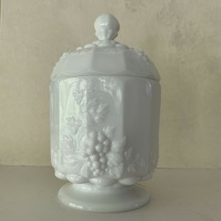 Westmoreland Candy/ Jam Jar With Lid White Milk Glass,  Paneled Grape Pattern