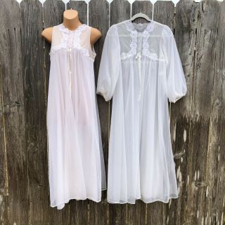 Vtg Gossard Artemis Peignoir Set Lingerie Gown/robe White Nylon Bridal Size S