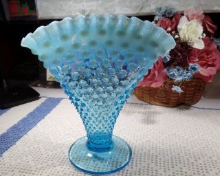 Vintage Fenton Hobnail Fan Vase Blue Opalescent Glass Ruffled Edge 8 " X 8 "