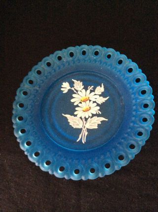 Vintage Westmoreland Blue Satin Mist Daisy Pin Plate Trinket Dish Open Lace Rim