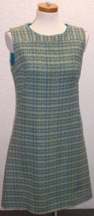 Vintage 1960s Wool - Blend Aqua Blue Green Plaid French Dart Shift Mod Dart Dress