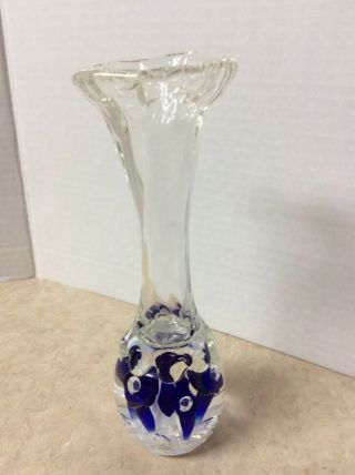 Vintage Joe Rice Glass Bud Vase Paperweight - Cobalt Blue Flowers 7 1/2” 3