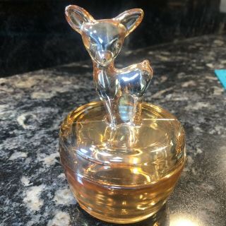 Vintage Jeanette Marigold Carnival Glass Deer Fawn Vanity Powder Jar Dish Old