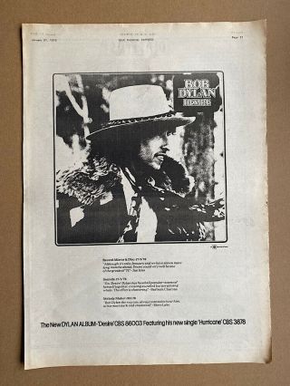 Bob Dylan Desire Poster Sized Music Press Advert From 1976 - Printed On