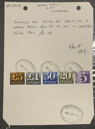 Uk Gb Decimal Postage Due Receipt Includes 5 Pound Stamp Etc.