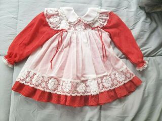 Vintage Bryan 2pc Red/white Lace Trim Pinafore Dress Ruffles Size T3 3t