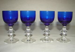 Set Of 4 Vintage Stemware - Cobalt Blue Bowl With Clear Stem Glass Cordials