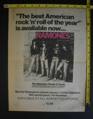 The Ramones Full Page Newspaper Album Ad Rocket To Russia Concert Ad W/ Runaways