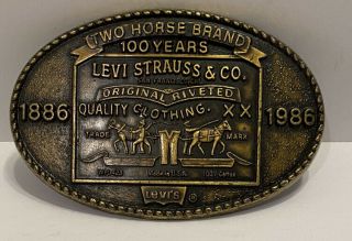 Vtg Levi Strauss Two Horse Brand Belt Buckle 100 Years Brass 1986 Centennial