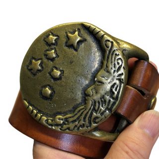 Vintage Leather Boho Hippie Belt With Solid Brass Moon & Stars Buckle 1970s