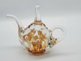 Joe St Claire 84 Glass Tea Pot Paperweight Ring Holder Tan Trumpet Flowers