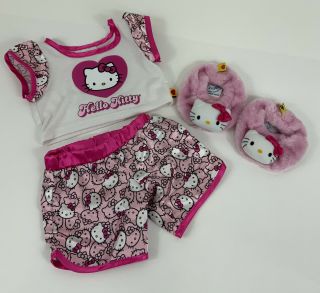Build A Bear Hello Kitty Pink White Satin Pajama Outfit With Fuzzy Slippers