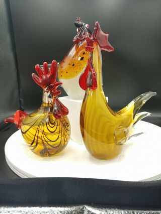 3 Hand Blown Art Glass Roosters In The Style Of Murano Figurines Please Read