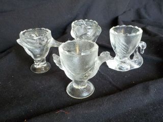 Vintage Egg Cups Pressed Glass Set Of 4 Birds Swan,  Heron,  Chicken,  Goose