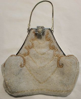 Antique French White Micro Beaded Hinged Purse Vintage Art Deco Flapper Bag 1910