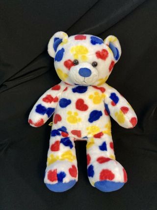 Build A Bear White Teddy Bear Plush Red Hearts Blue Yellow Paw Prints 16 "