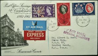 Gb 28 Aug 1961 Post Office Savings Bank Airmail First Day Cover Sent To Usa