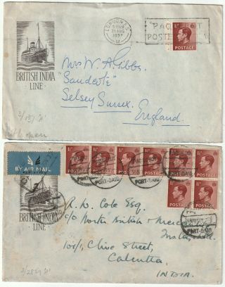 1937 2 Illustr British India Line Envs To India & Uk 9 Keviii Gb Stamps Paquebot