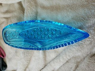 Vintage Aqua Blue Boat Shaped Relish Dish Bowl Pressed Glass Sawtooth Edge