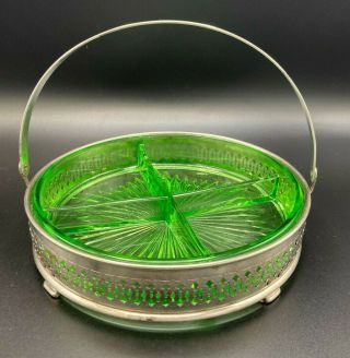 Vintage Green Uranium Depression Glass,  Divided Candy Dish W/ Basket