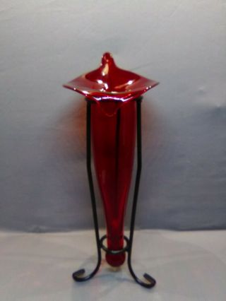 Vintage Ruby Red Jack In The Pulpit Vase With Stand