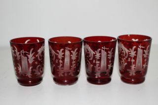 Set Of 4 Vintage Egermann Ruby Red Castle & Stag Bohemian Shot/apertif Glasses