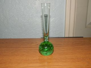 Vintage Hand Blown Controlled Bubble Base Green Bud Vase Art Glass,  Gorgeous