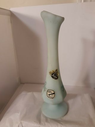 Vtg Fenton Blue Satin Glass Hand Painted Floral Bud Vase Labels Marlyn Wagner